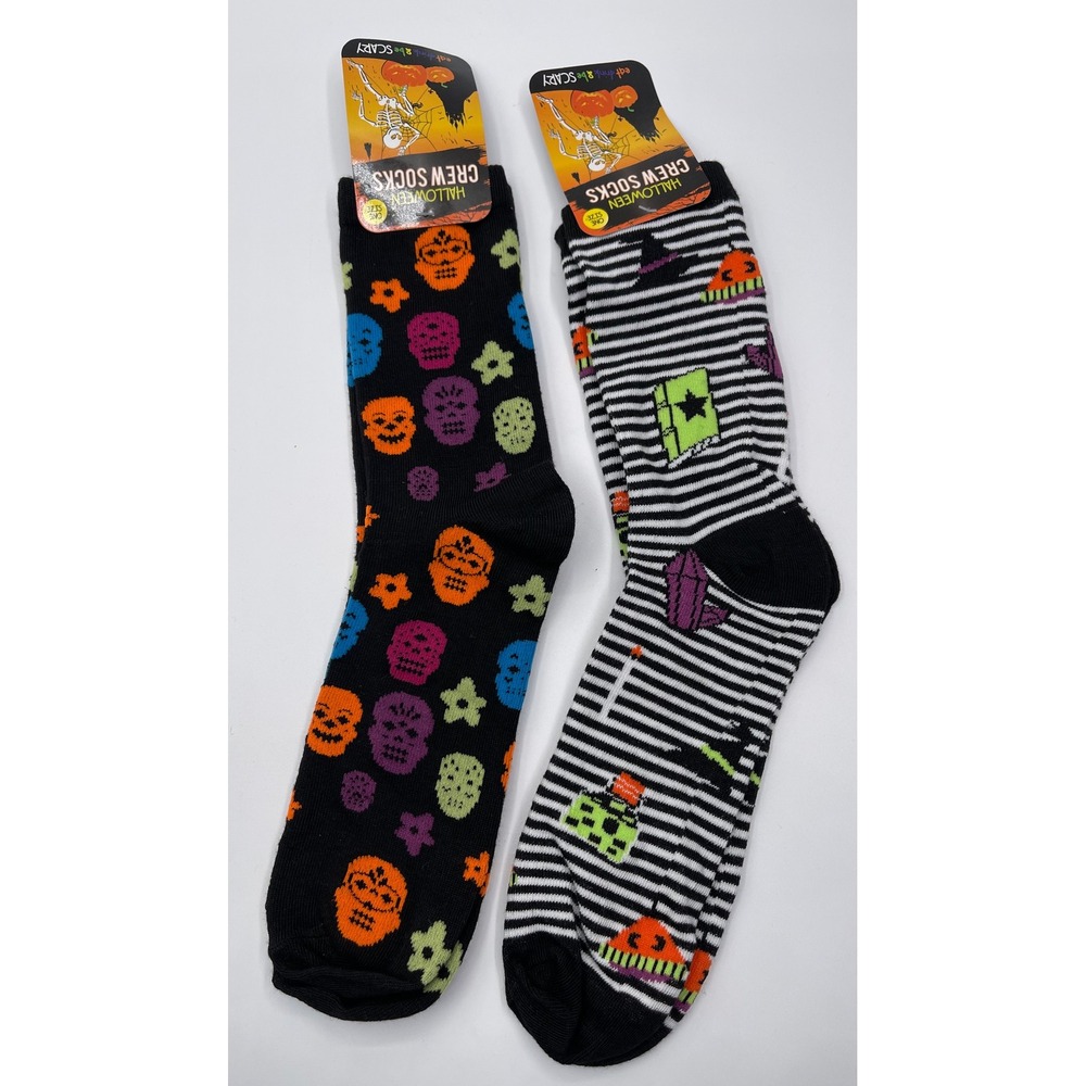 Halloween Crew Socks 2 Pair Bundle Sugar Skulls Stripes Witch One Size
